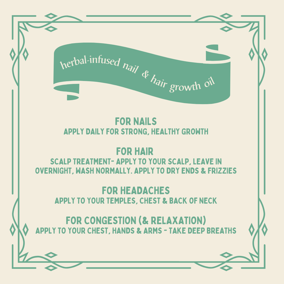 Herbal Remedy Body Oil | Herbal-Infused Nail + Hair Growth Oil | Vegan | Strengthens Nails + Healthy Hair | Headache / Migraine Relief | SLEEP BETTER | Aromatherapy