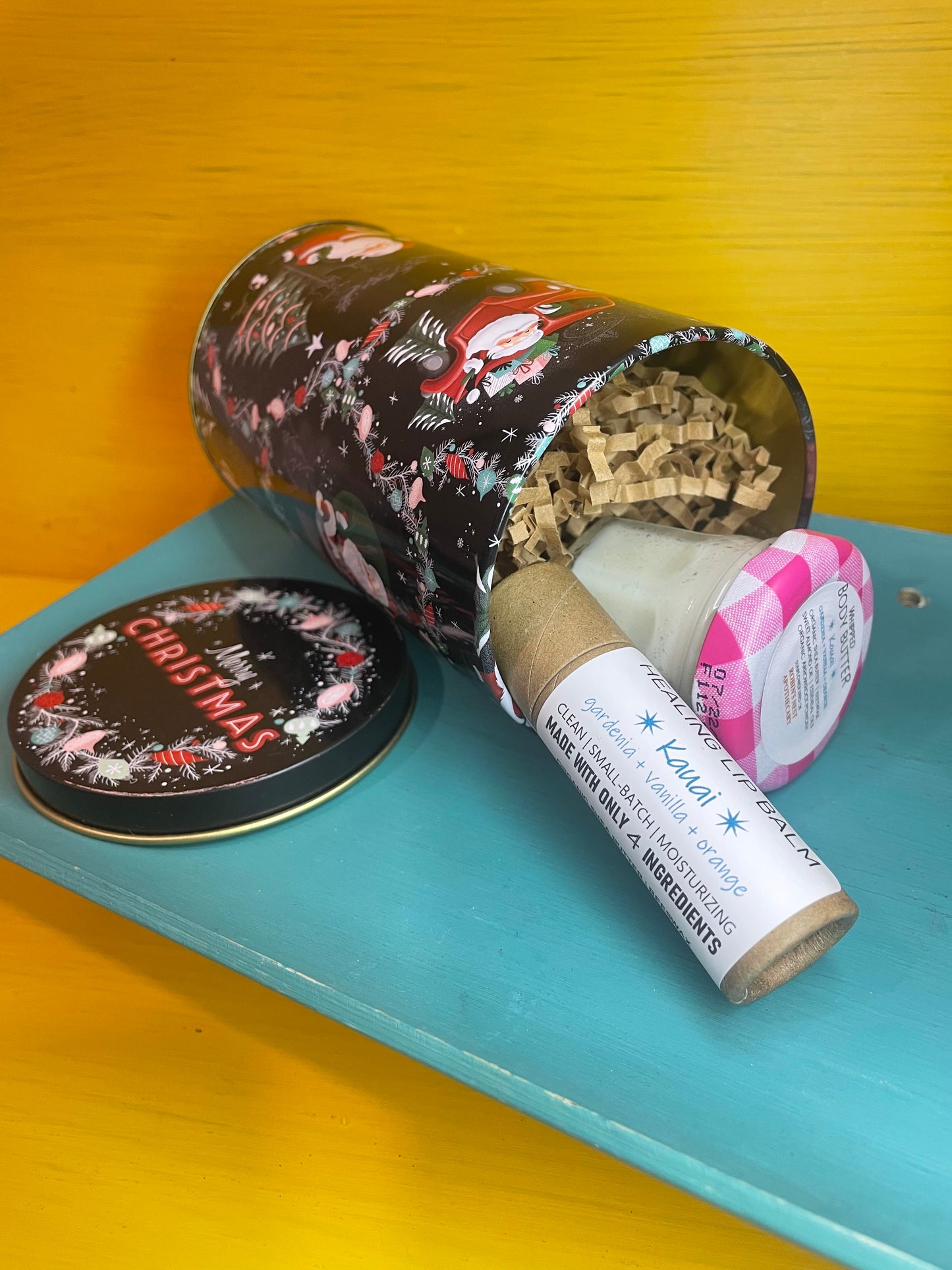 KAUAI 2-Pack Gift Set | KAUAI Whipped Body Butter (Upcycled Jam Jar) + Compostable Lip Balm | Festive Cylindrical Santa + Chimney TIN | Christmas Gift | Gift Sets