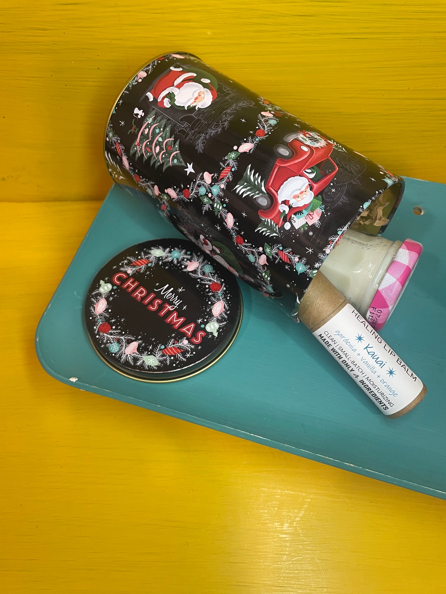 KAUAI 2-Pack Gift Set | KAUAI Whipped Body Butter (Upcycled Jam Jar) + Compostable Lip Balm | Festive Cylindrical Santa + Chimney TIN | Christmas Gift | Gift Sets
