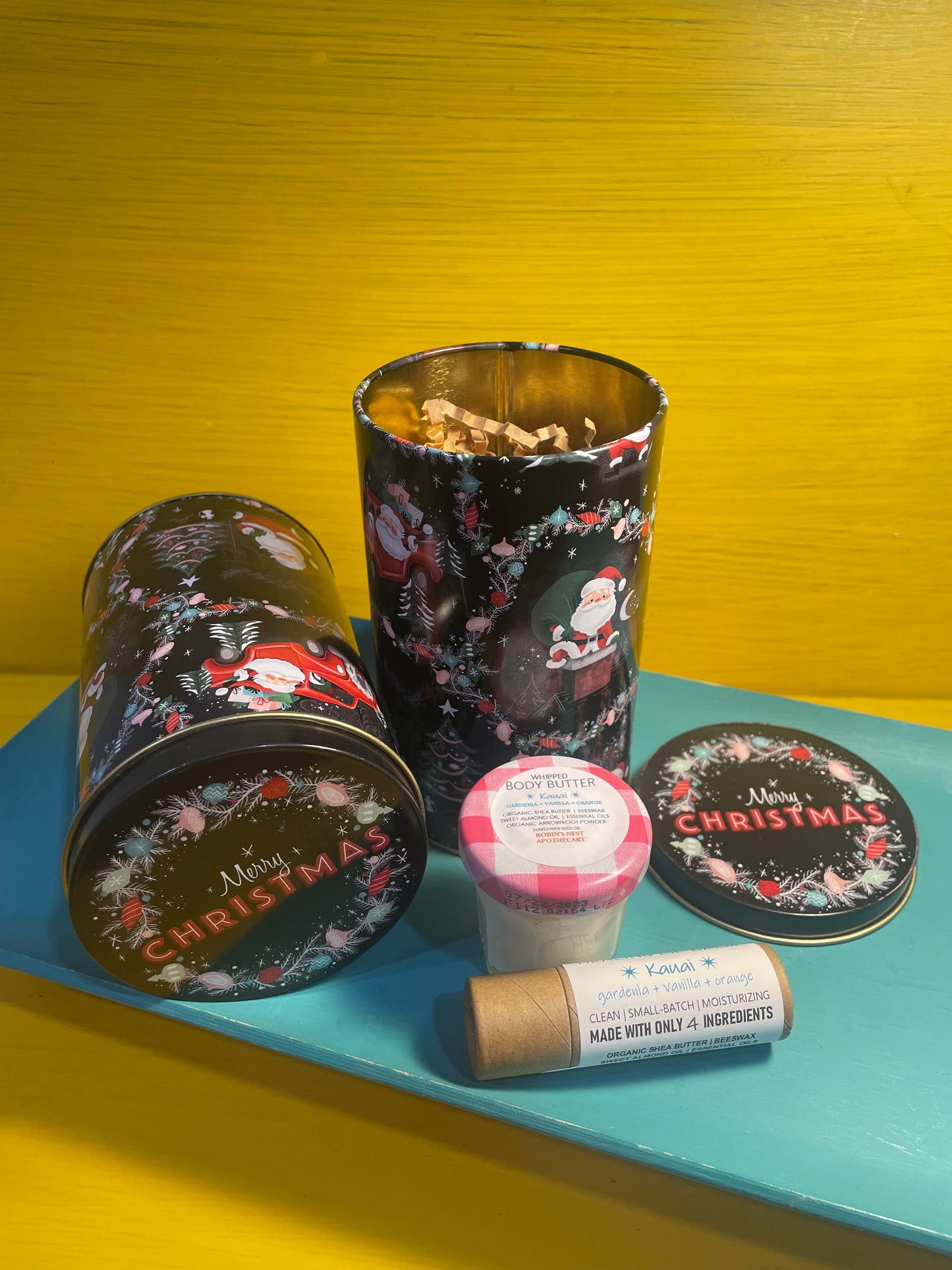 KAUAI 2-Pack Gift Set | KAUAI Whipped Body Butter (Upcycled Jam Jar) + Compostable Lip Balm | Festive Cylindrical Santa + Chimney TIN | Christmas Gift | Gift Sets