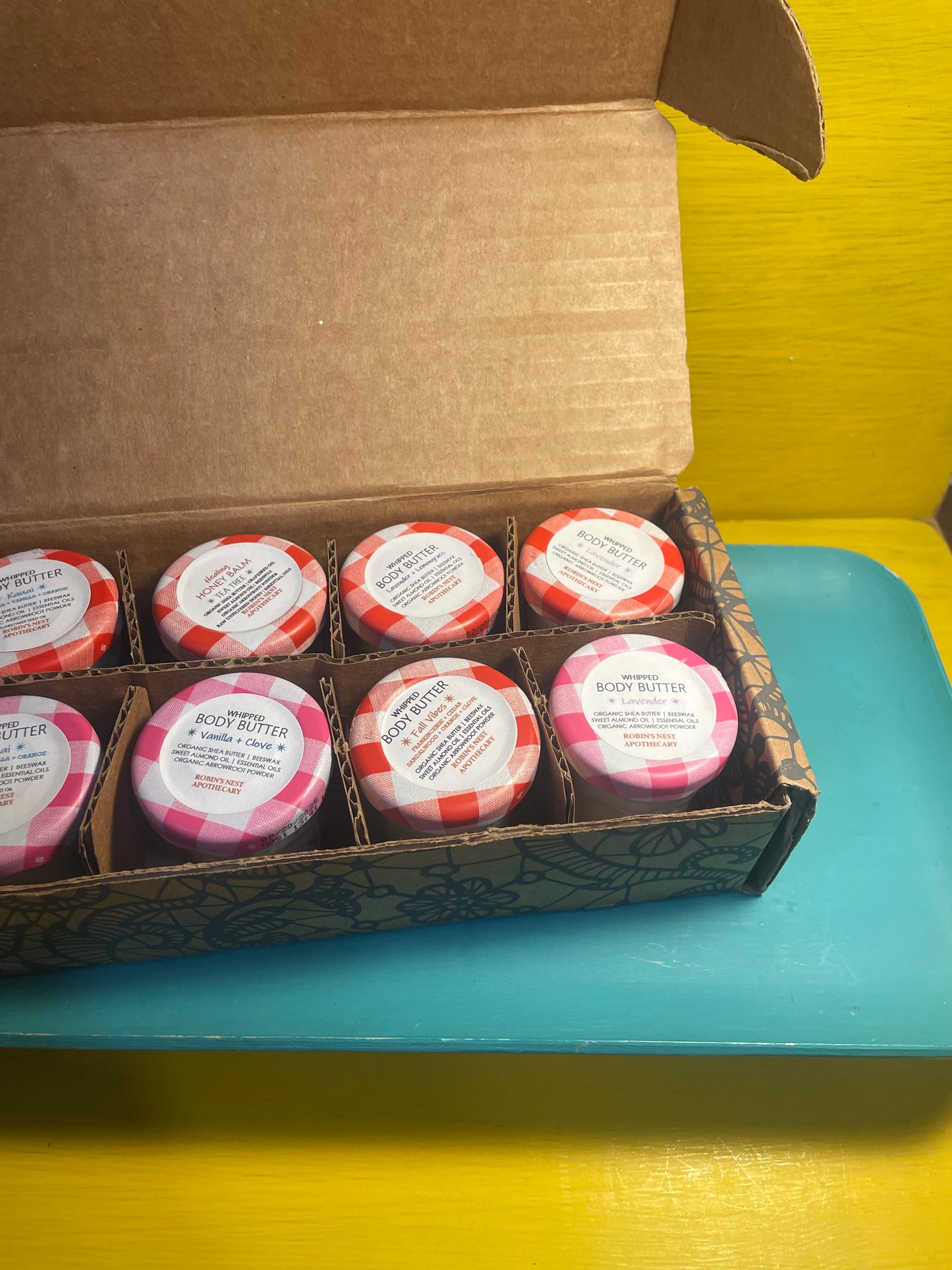 UPCYCLED JAM JAR 8-PACK Gift Set | 5 Different Whipped Body Butters + 1 Honey Body Balm | Upcycled Jam Jar Box | Christmas Gift | Gift Sets