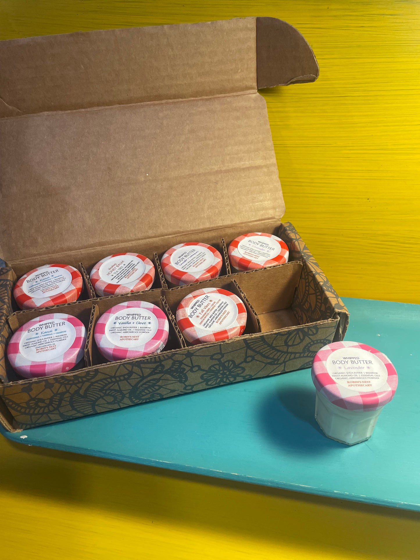 UPCYCLED JAM JAR 8-PACK Gift Set | 5 Different Whipped Body Butters + 1 Honey Body Balm | Upcycled Jam Jar Box | Christmas Gift | Gift Sets