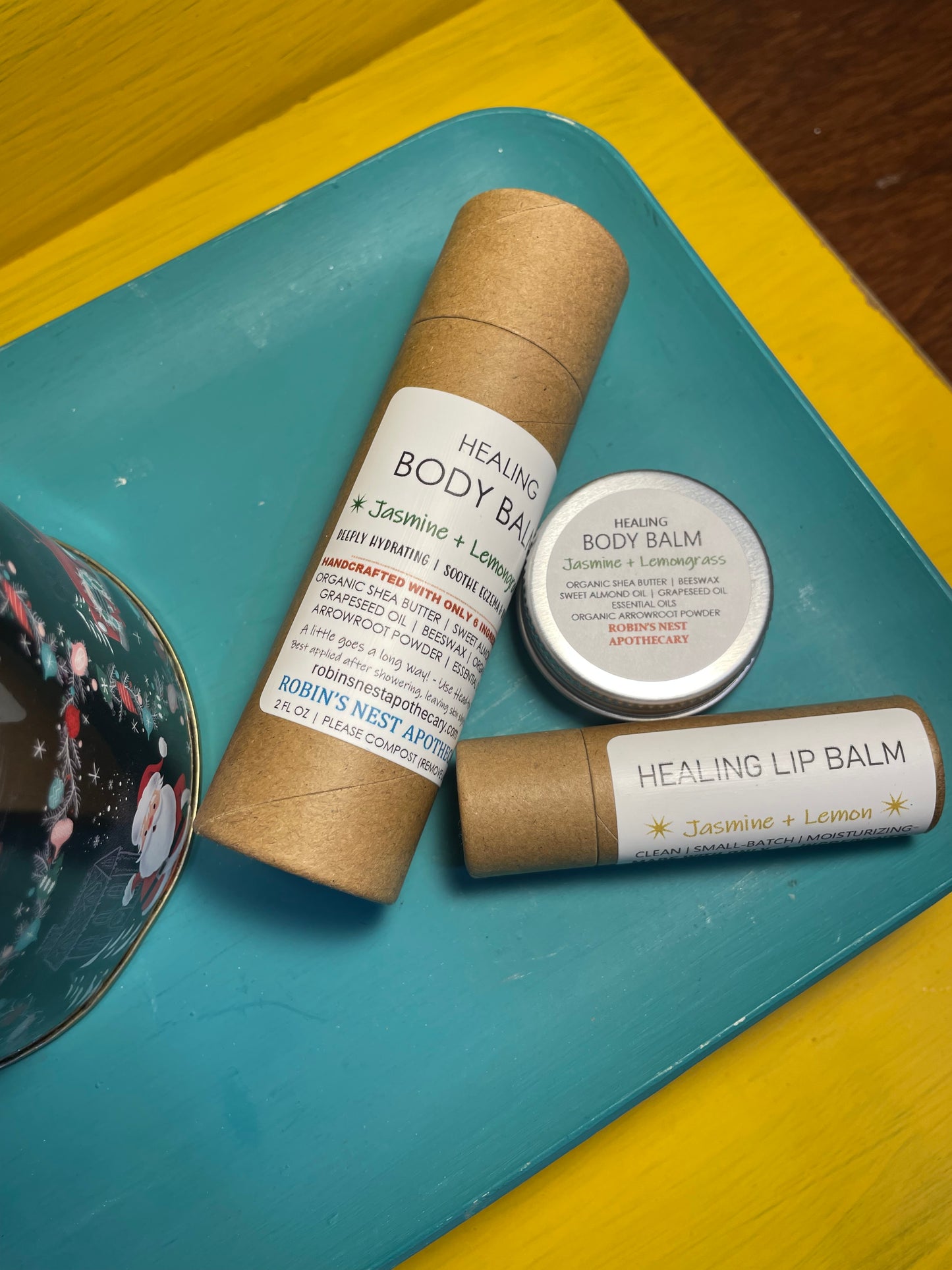 JASMINE + LEMONGRASS 3-Pack Gift Set | 2 Jasmine + Lemongrass Body Balms (2 oz Cardboard Tube + Mini Tin) + Compostable Lip Balm | Festive Cylindrical Santa + Chimney TIN | Christmas Gift | Gift Sets
