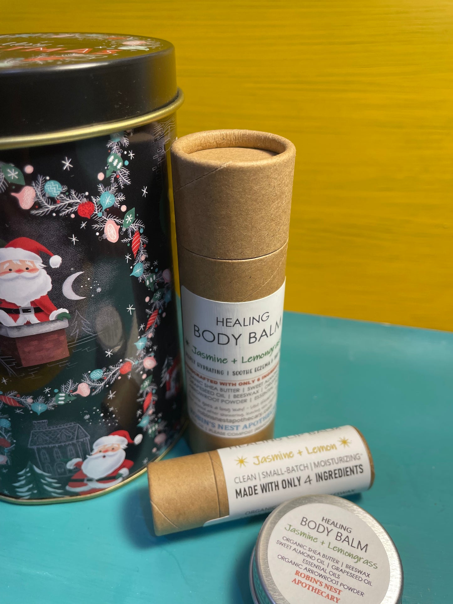 JASMINE + LEMONGRASS 3-Pack Gift Set | 2 Jasmine + Lemongrass Body Balms (2 oz Cardboard Tube + Mini Tin) + Compostable Lip Balm | Festive Cylindrical Santa + Chimney TIN | Christmas Gift | Gift Sets