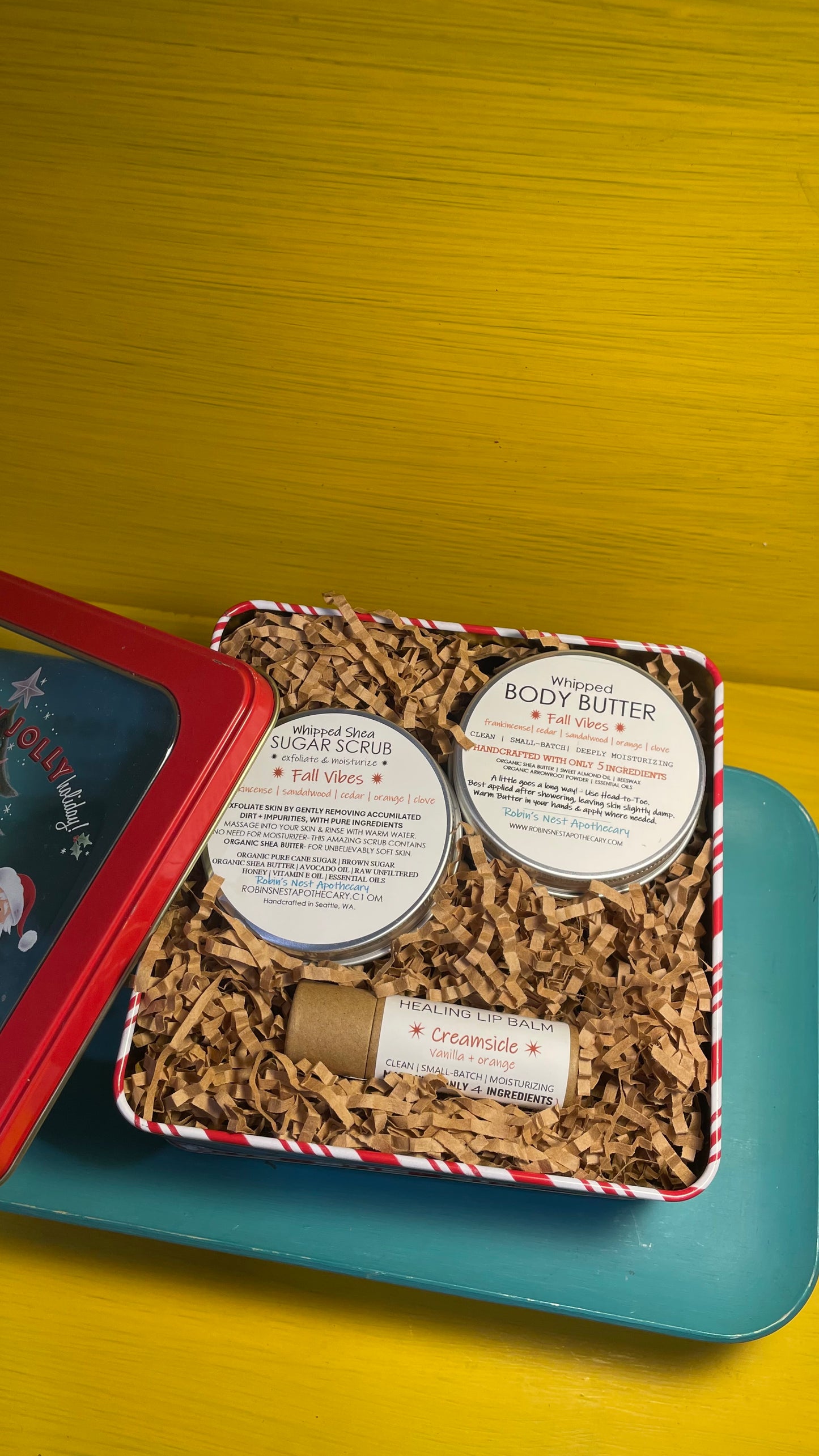 FALL VIBES 3-Pack Gift Set | FALL VIBES Whipped Shea Sugar Scrub + FALL VIBES Whipped Body Butter +  CREAMSICLE Compostable Lip Balm |  SANTA/BABY REINDEER/CHRISTMAS TREE TIN | Christmas Gift | Gift Sets