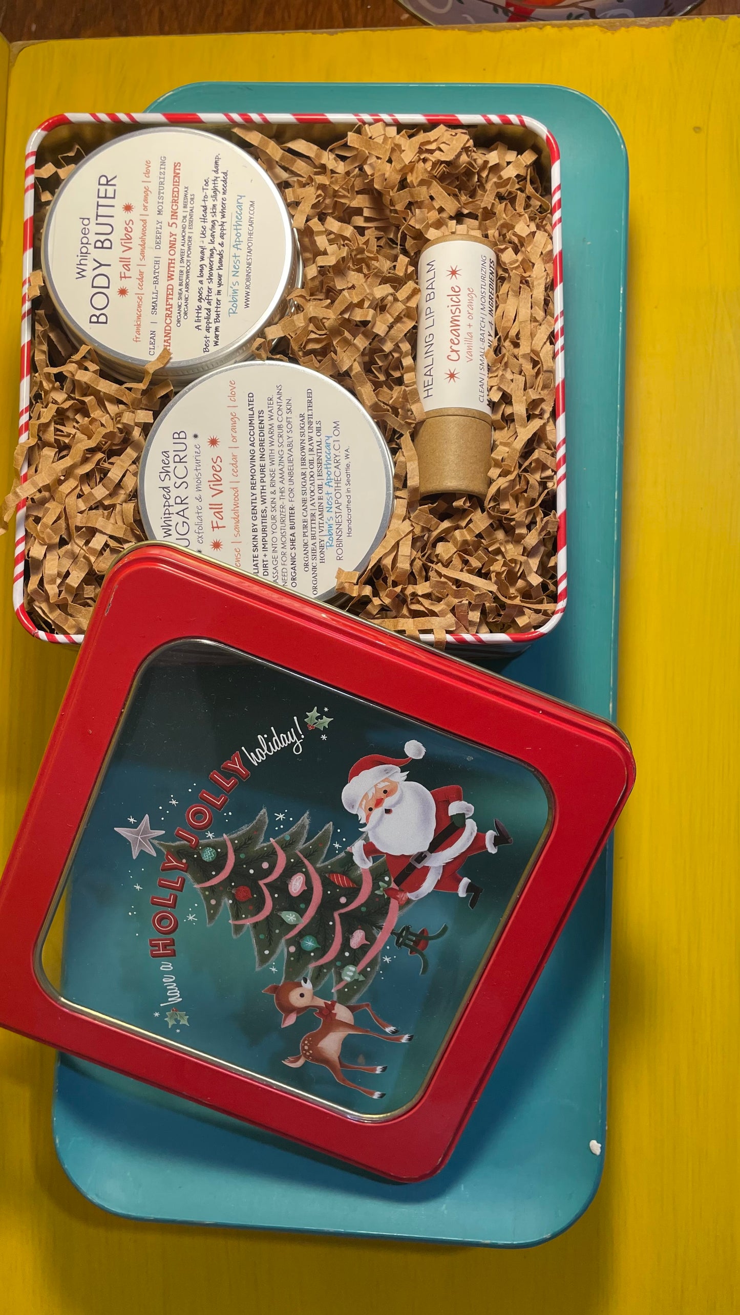 FALL VIBES 3-Pack Gift Set | FALL VIBES Whipped Shea Sugar Scrub + FALL VIBES Whipped Body Butter +  CREAMSICLE Compostable Lip Balm |  SANTA/BABY REINDEER/CHRISTMAS TREE TIN | Christmas Gift | Gift Sets