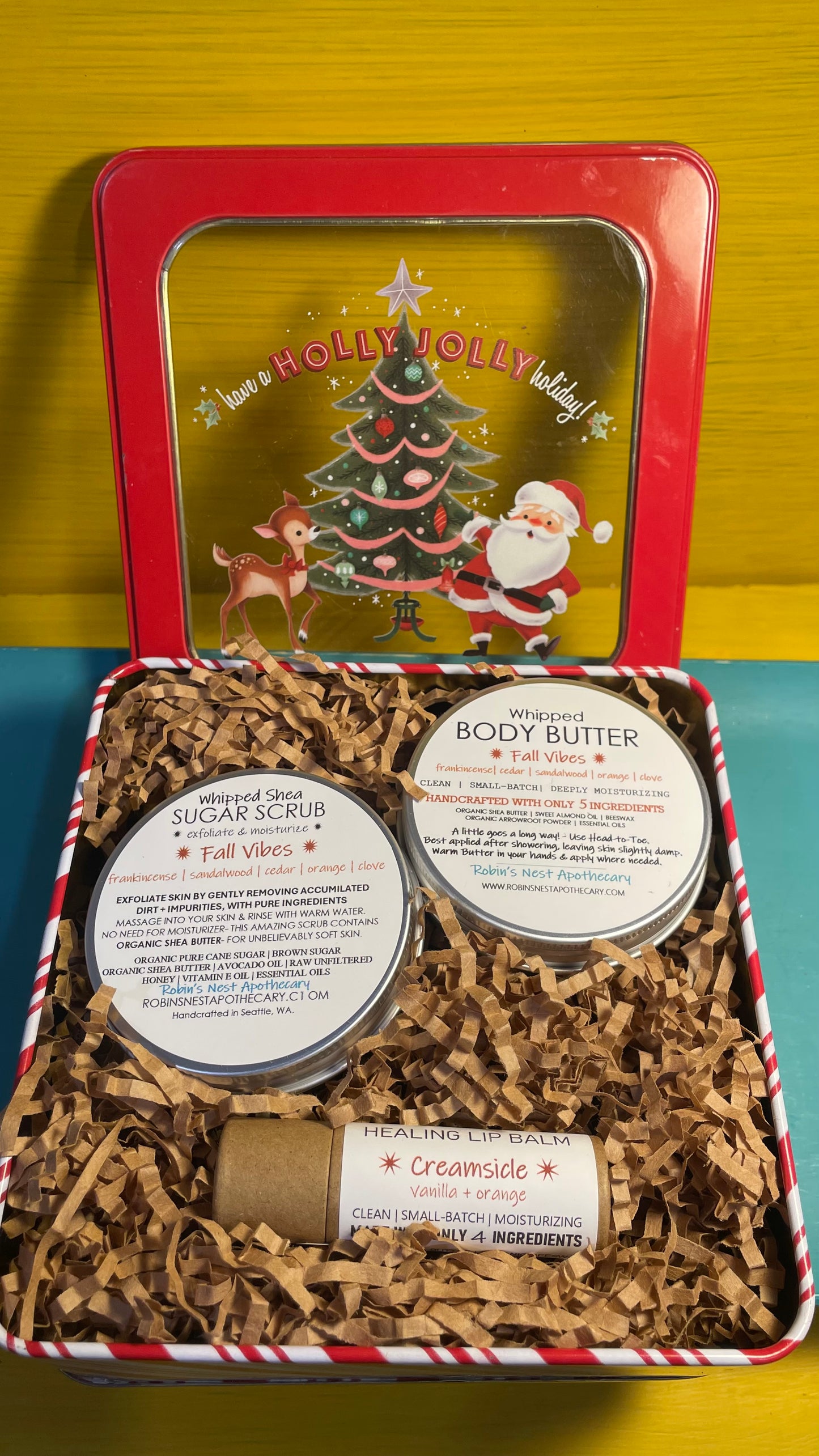 FALL VIBES 3-Pack Gift Set | FALL VIBES Whipped Shea Sugar Scrub + FALL VIBES Whipped Body Butter +  CREAMSICLE Compostable Lip Balm |  SANTA/BABY REINDEER/CHRISTMAS TREE TIN | Christmas Gift | Gift Sets
