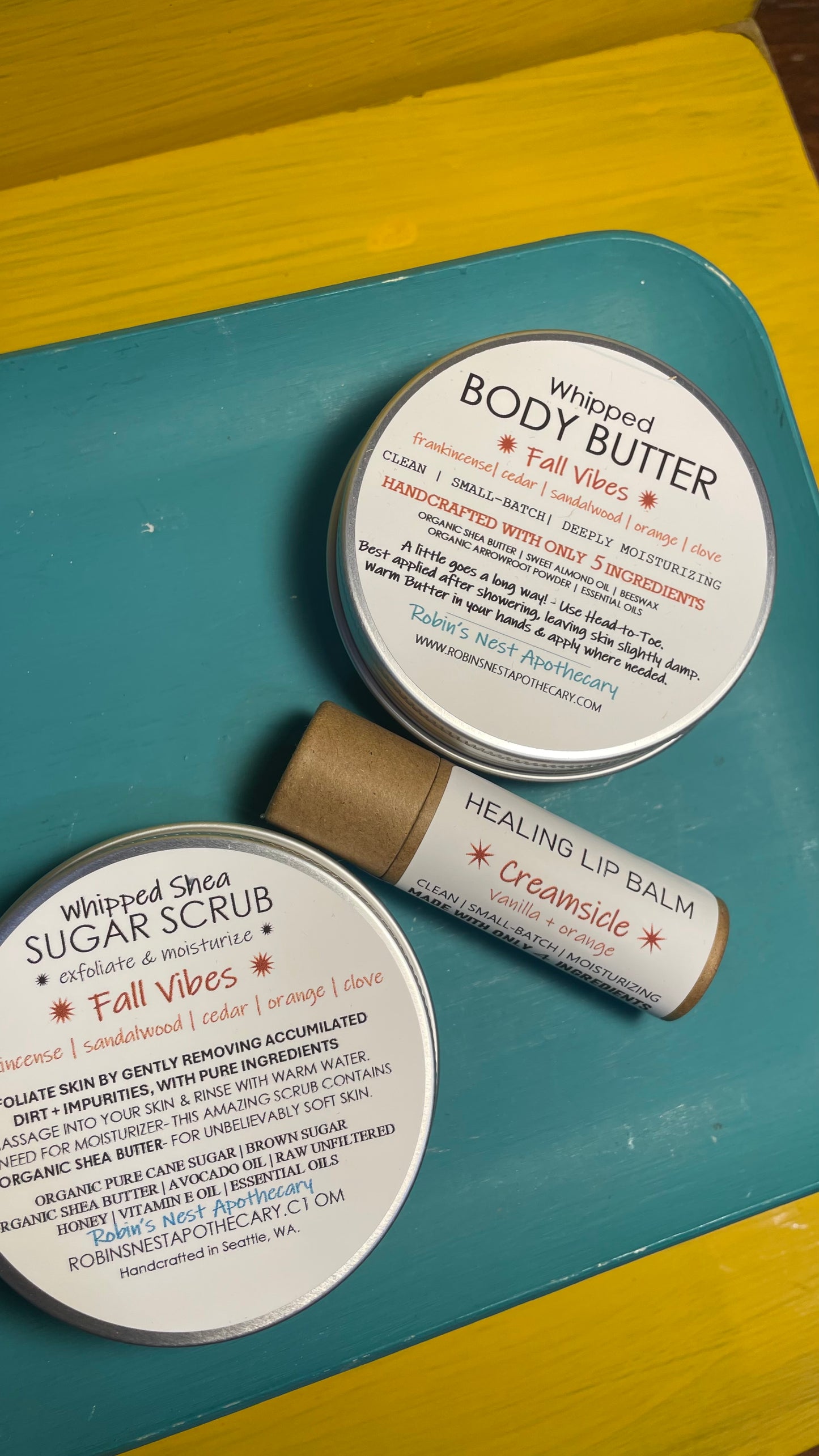 FALL VIBES 3-Pack Gift Set | FALL VIBES Whipped Shea Sugar Scrub + FALL VIBES Whipped Body Butter +  CREAMSICLE Compostable Lip Balm |  SANTA/BABY REINDEER/CHRISTMAS TREE TIN | Christmas Gift | Gift Sets