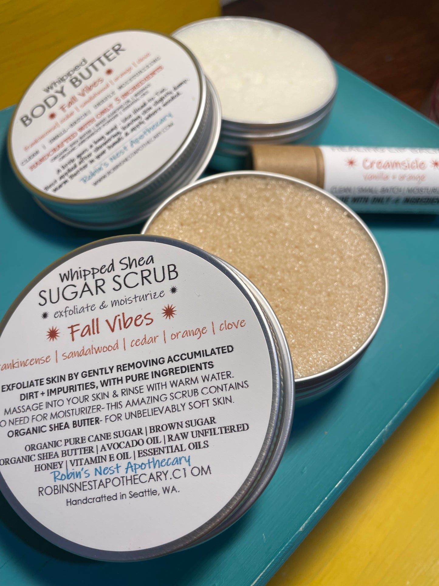 FALL VIBES 3-Pack Gift Set | FALL VIBES Whipped Shea Sugar Scrub + FALL VIBES Whipped Body Butter +  CREAMSICLE Compostable Lip Balm |  SANTA/BABY REINDEER/CHRISTMAS TREE TIN | Christmas Gift | Gift Sets
