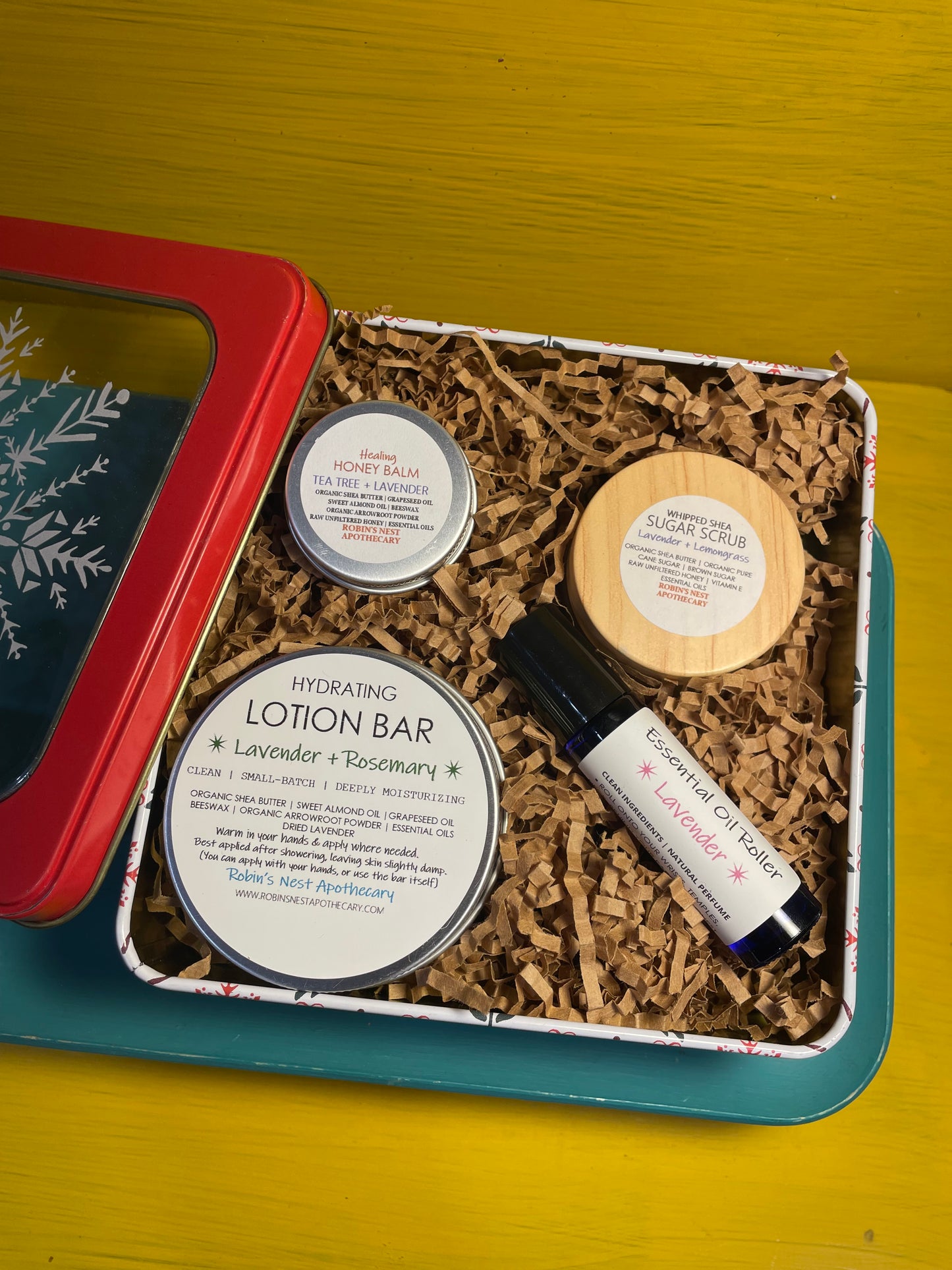 LAVENDER 4-Pack Gift Set | Lavender + Lemongrass Whipped Shea Sugar Scrub + Rosemary Lotion Bar + Lavender  Essential Oil Roller + Mini Tea Tree + Lavender HONEY Body Balm  |  REINDEER + SNOWFLAKE TIN | Christmas Gift | Gift Sets