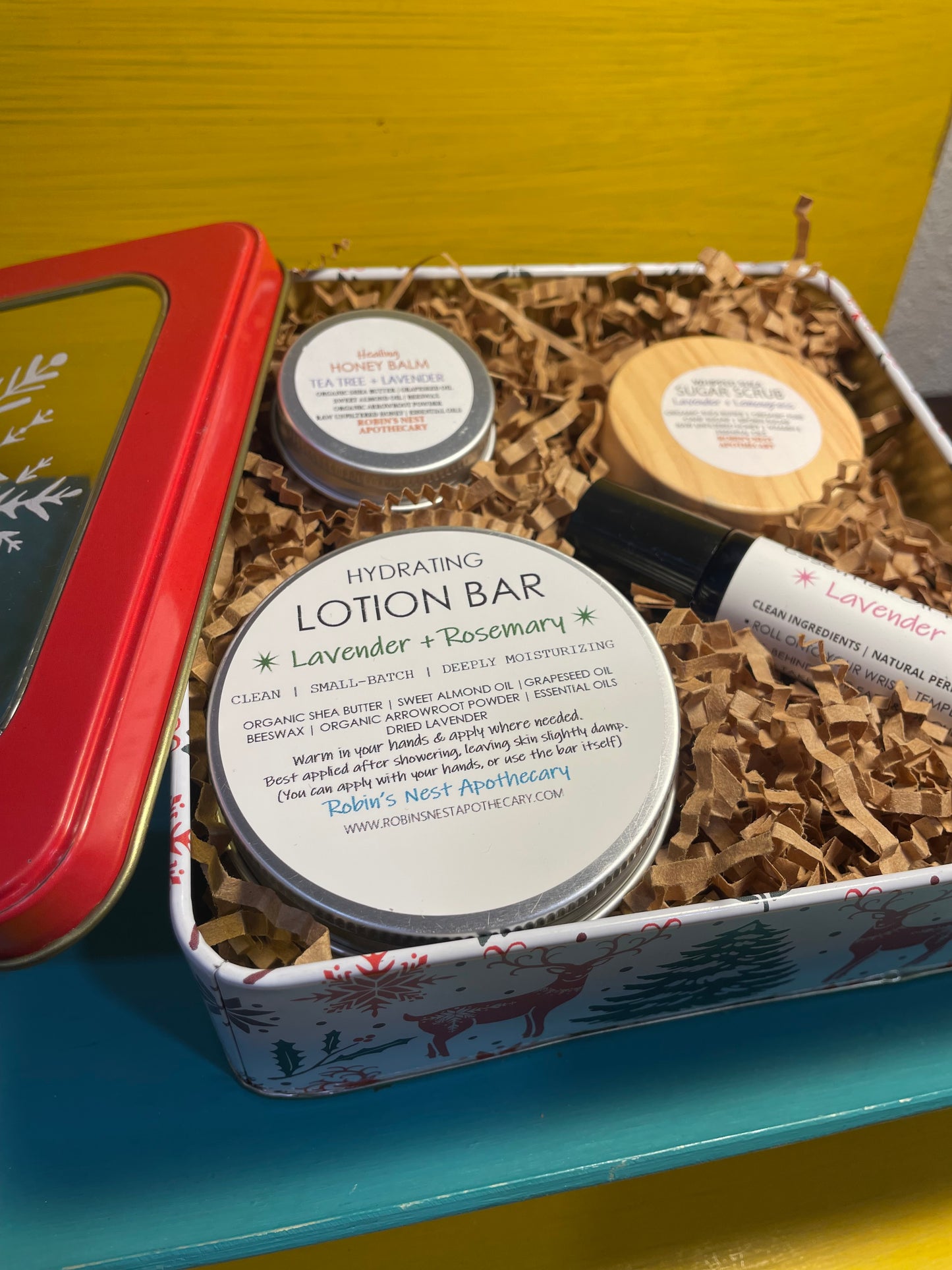 LAVENDER 4-Pack Gift Set | Lavender + Lemongrass Whipped Shea Sugar Scrub + Rosemary Lotion Bar + Lavender  Essential Oil Roller + Mini Tea Tree + Lavender HONEY Body Balm  |  REINDEER + SNOWFLAKE TIN | Christmas Gift | Gift Sets