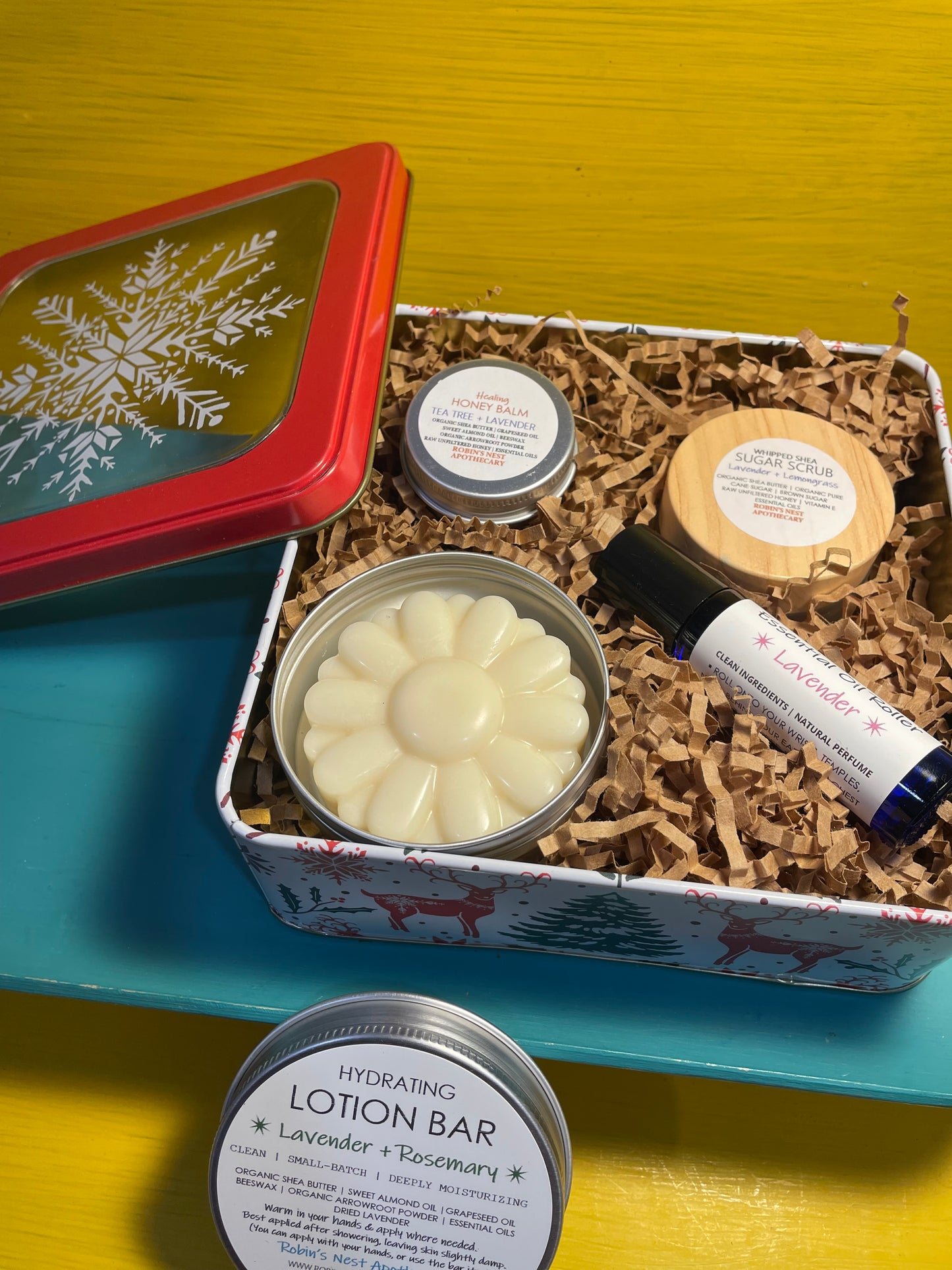 LAVENDER 4-Pack Gift Set | Lavender + Lemongrass Whipped Shea Sugar Scrub + Rosemary Lotion Bar + Lavender  Essential Oil Roller + Mini Tea Tree + Lavender HONEY Body Balm  |  REINDEER + SNOWFLAKE TIN | Christmas Gift | Gift Sets