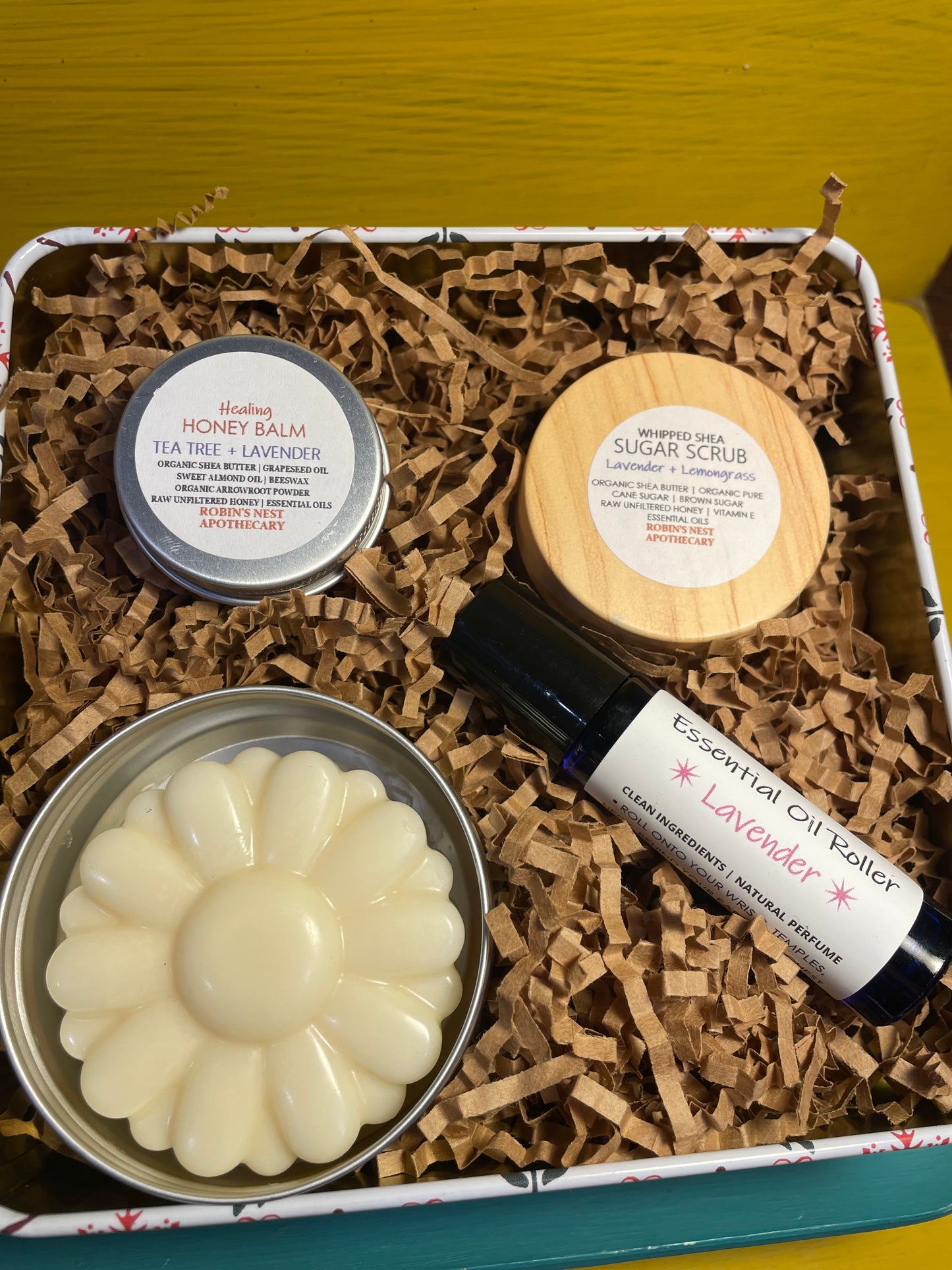 LAVENDER 4-Pack Gift Set | Lavender + Lemongrass Whipped Shea Sugar Scrub + Rosemary Lotion Bar + Lavender  Essential Oil Roller + Mini Tea Tree + Lavender HONEY Body Balm  |  REINDEER + SNOWFLAKE TIN | Christmas Gift | Gift Sets