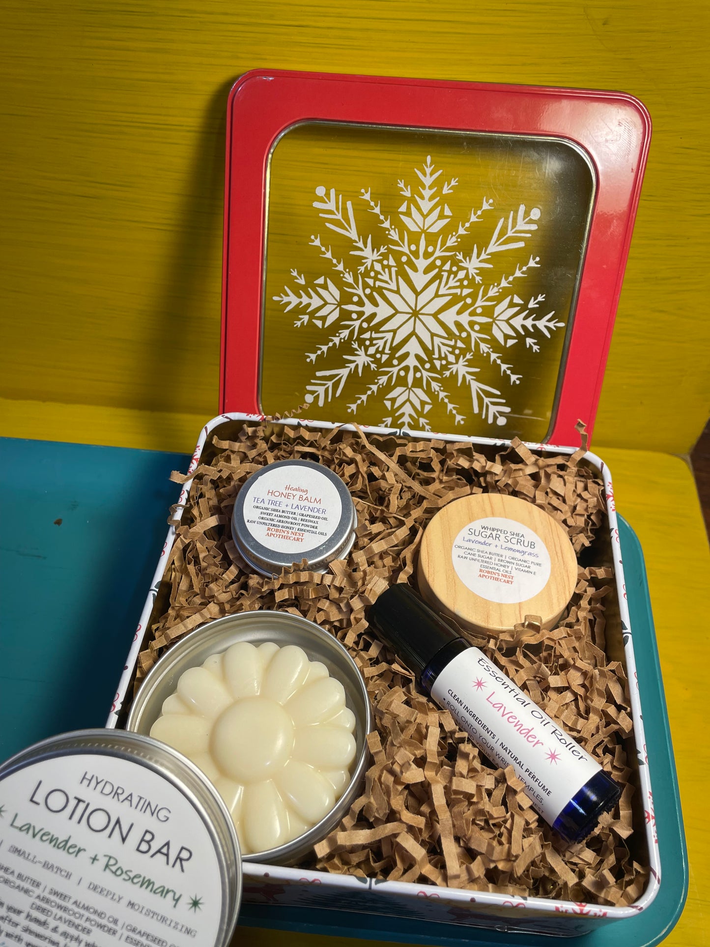 LAVENDER 4-Pack Gift Set | Lavender + Lemongrass Whipped Shea Sugar Scrub + Rosemary Lotion Bar + Lavender  Essential Oil Roller + Mini Tea Tree + Lavender HONEY Body Balm  |  REINDEER + SNOWFLAKE TIN | Christmas Gift | Gift Sets