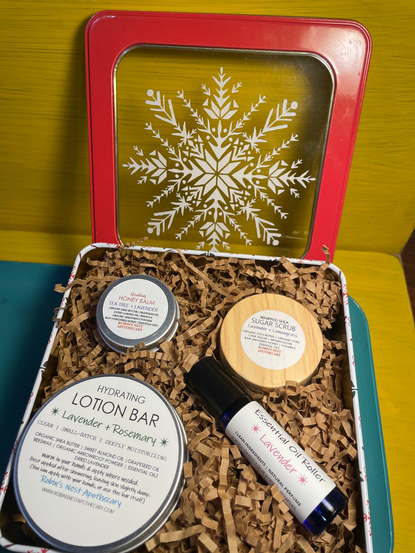LAVENDER 4-Pack Gift Set | Lavender + Lemongrass Whipped Shea Sugar Scrub + Rosemary Lotion Bar + Lavender  Essential Oil Roller + Mini Tea Tree + Lavender HONEY Body Balm  |  REINDEER + SNOWFLAKE TIN | Christmas Gift | Gift Sets