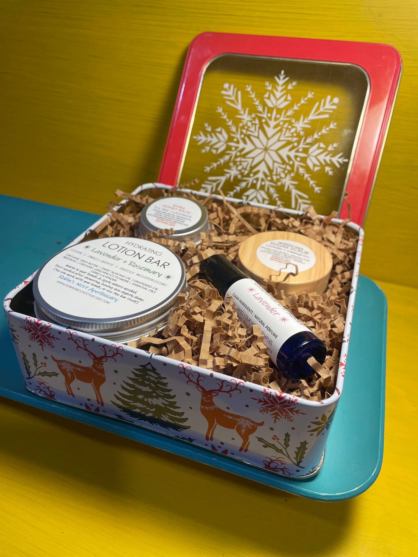 LAVENDER 4-Pack Gift Set | Lavender + Lemongrass Whipped Shea Sugar Scrub + Rosemary Lotion Bar + Lavender  Essential Oil Roller + Mini Tea Tree + Lavender HONEY Body Balm  |  REINDEER + SNOWFLAKE TIN | Christmas Gift | Gift Sets
