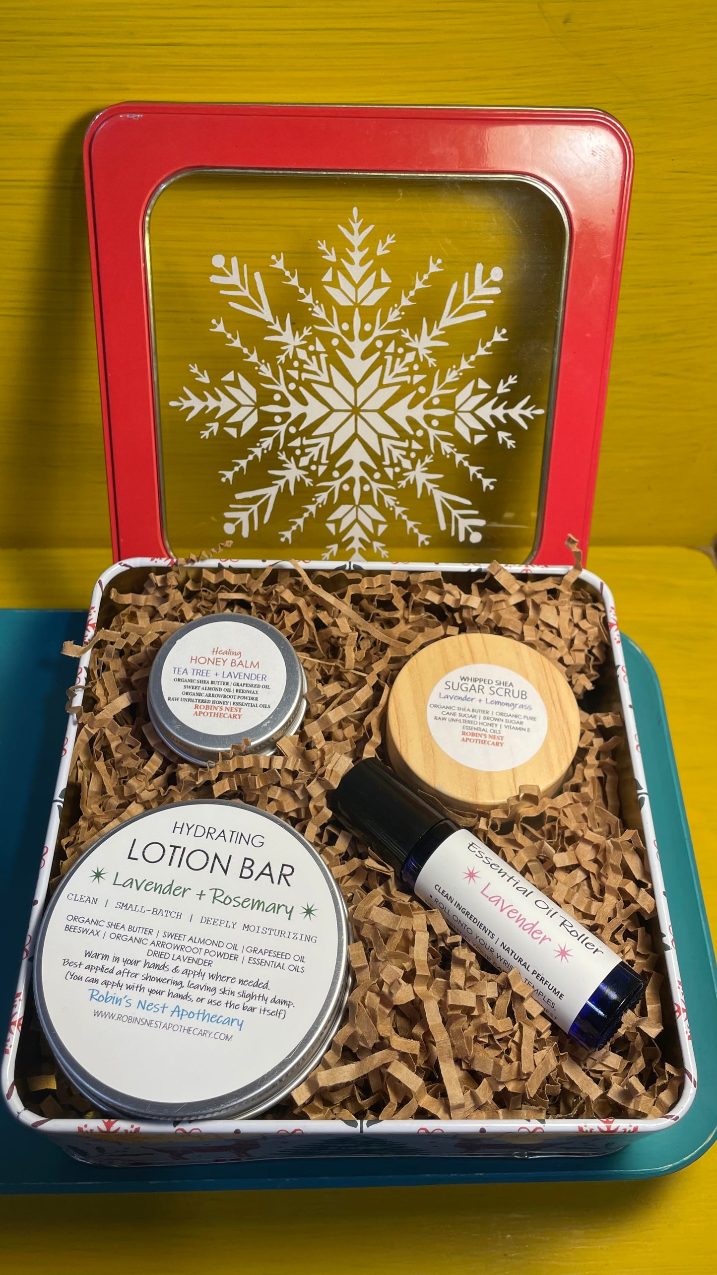 LAVENDER 4-Pack Gift Set | Lavender + Lemongrass Whipped Shea Sugar Scrub + Rosemary Lotion Bar + Lavender  Essential Oil Roller + Mini Tea Tree + Lavender HONEY Body Balm  |  REINDEER + SNOWFLAKE TIN | Christmas Gift | Gift Sets