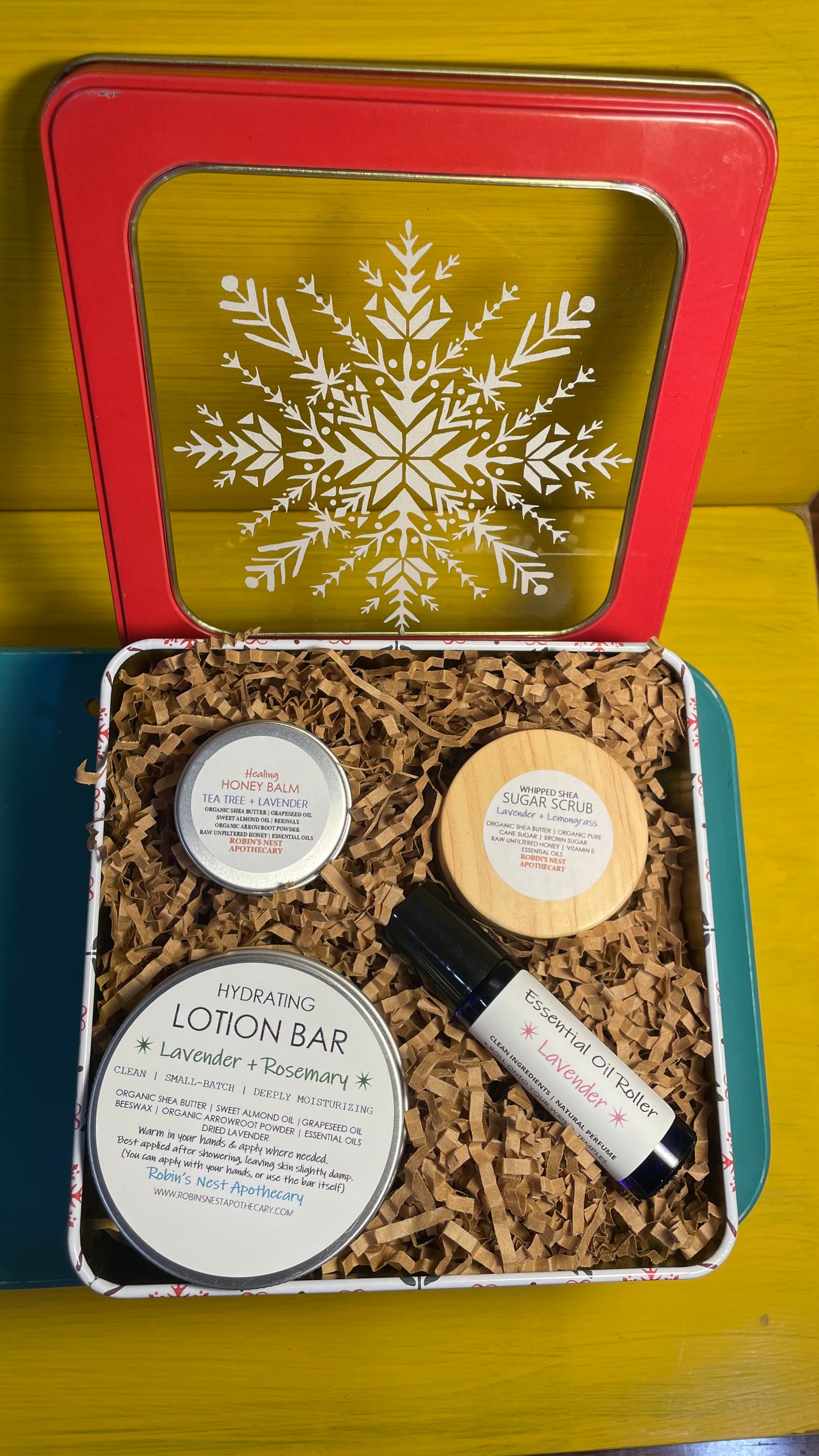 LAVENDER 4-Pack Gift Set | Lavender + Lemongrass Whipped Shea Sugar Scrub + Rosemary Lotion Bar + Lavender  Essential Oil Roller + Mini Tea Tree + Lavender HONEY Body Balm  |  REINDEER + SNOWFLAKE TIN | Christmas Gift | Gift Sets