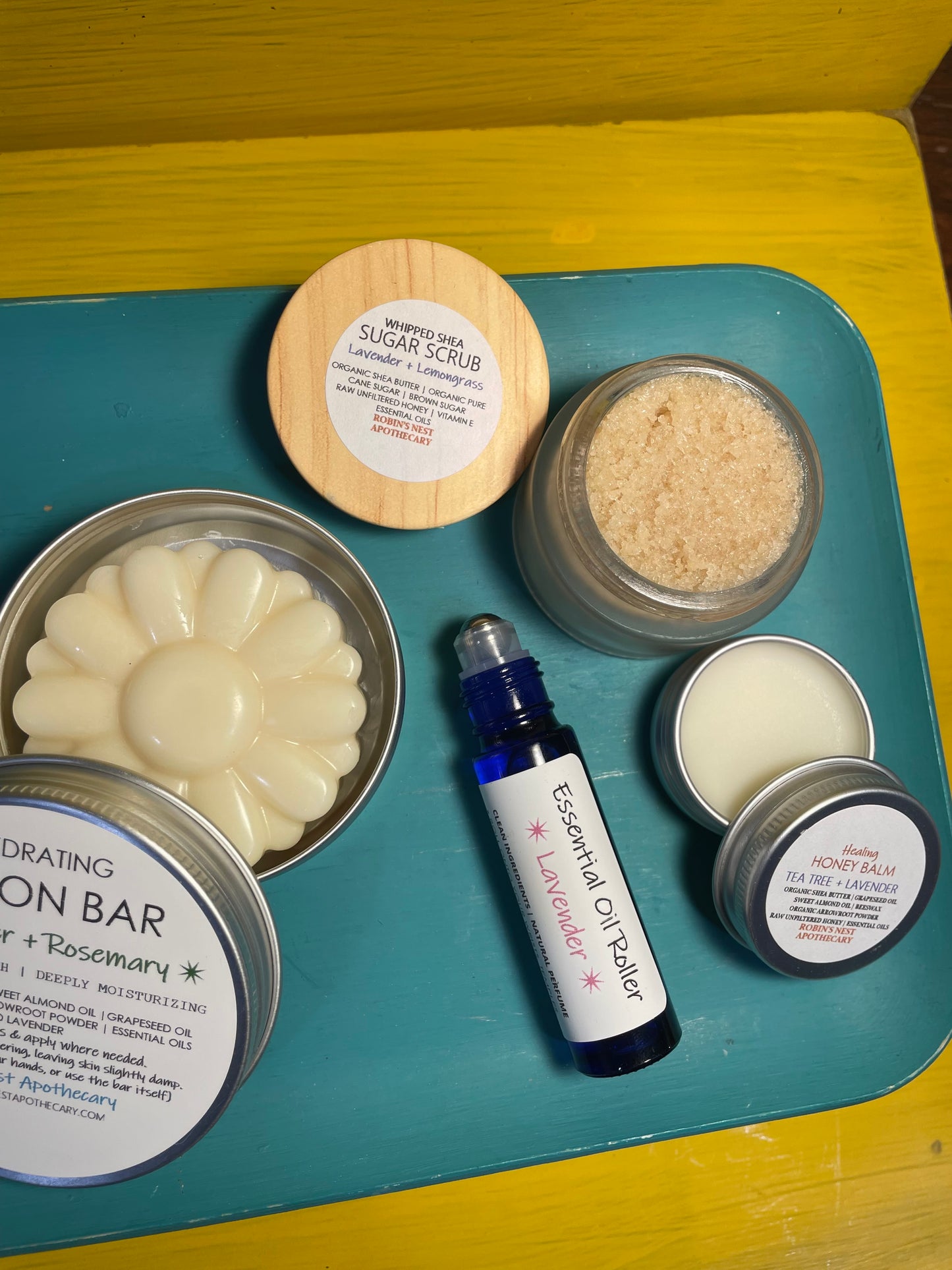LAVENDER 4-Pack Gift Set | Lavender + Lemongrass Whipped Shea Sugar Scrub + Rosemary Lotion Bar + Lavender  Essential Oil Roller + Mini Tea Tree + Lavender HONEY Body Balm  |  REINDEER + SNOWFLAKE TIN | Christmas Gift | Gift Sets