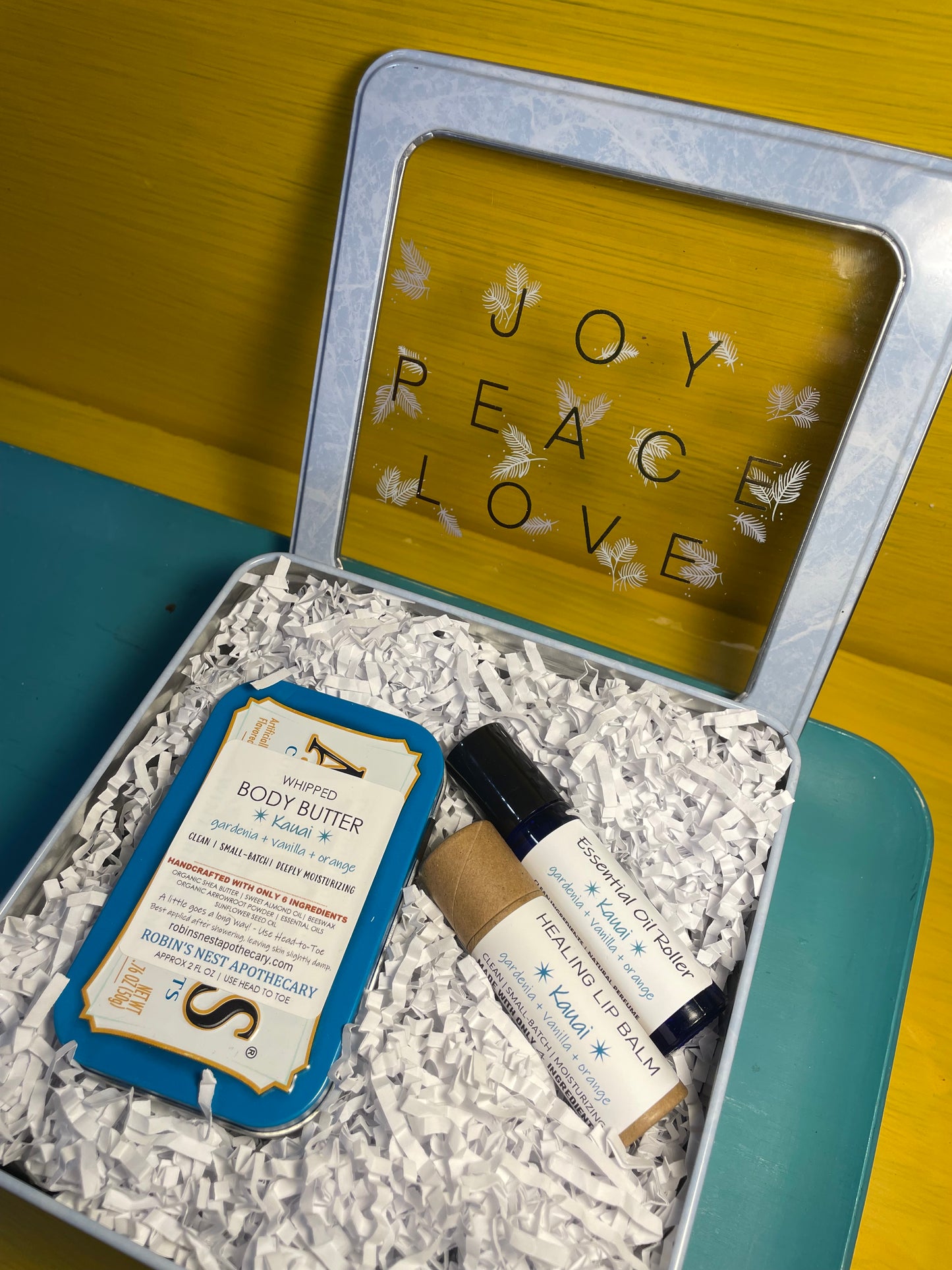 KAUAI 3-Pack Gift Set | KAUAI Whipped Body Butter + Essential Oil Roller + Compostable Lip Balm | Upcycled Altoids Tin | LOVE + PEACE + JOY TIN | Christmas Gift | Gift Sets