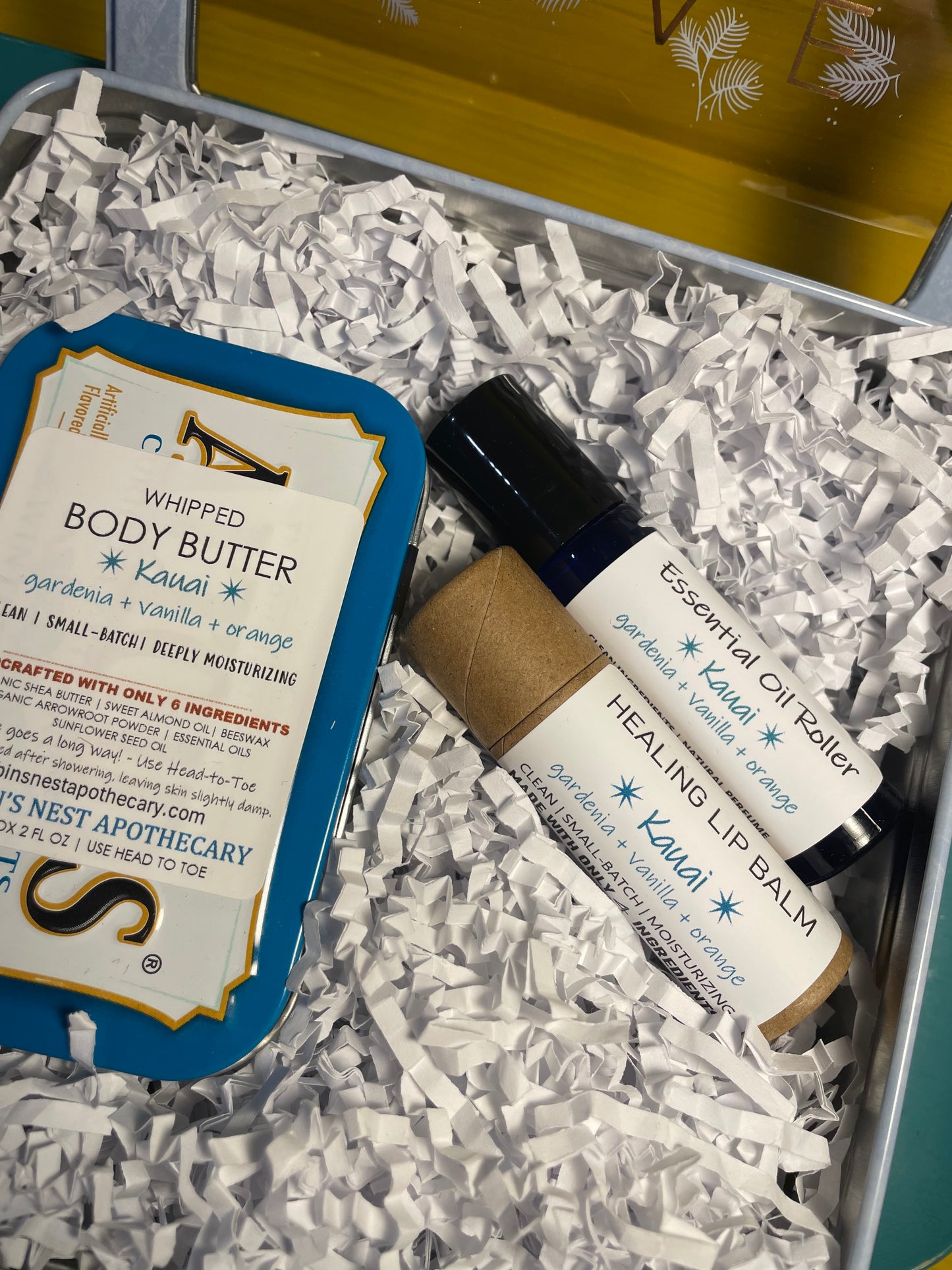 KAUAI 3-Pack Gift Set | KAUAI Whipped Body Butter + Essential Oil Roller + Compostable Lip Balm | Upcycled Altoids Tin | LOVE + PEACE + JOY TIN | Christmas Gift | Gift Sets