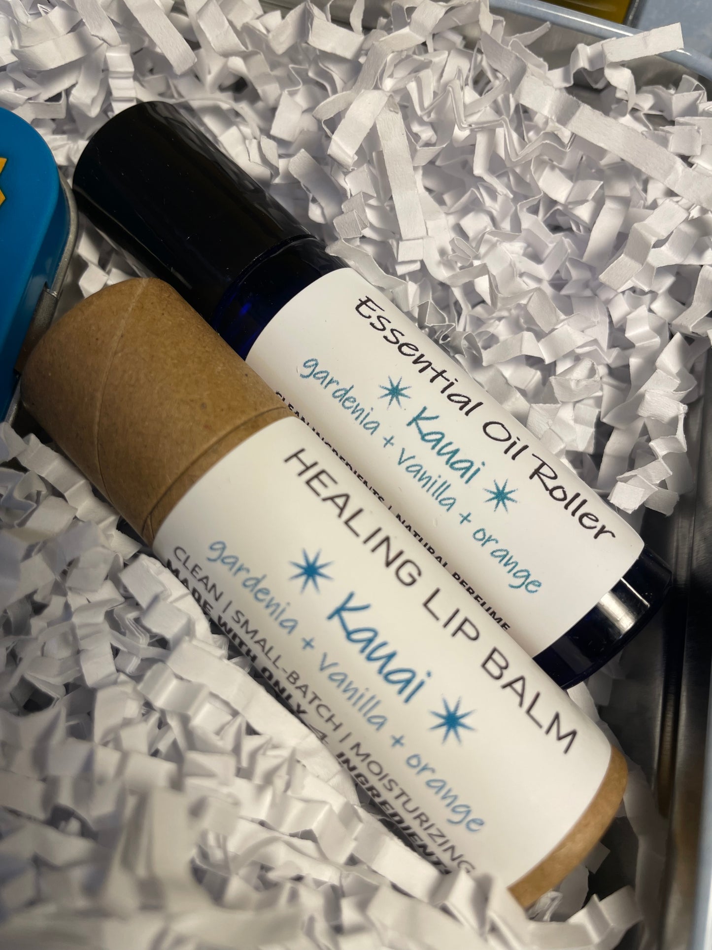 KAUAI 3-Pack Gift Set | KAUAI Whipped Body Butter + Essential Oil Roller + Compostable Lip Balm | Upcycled Altoids Tin | LOVE + PEACE + JOY TIN | Christmas Gift | Gift Sets