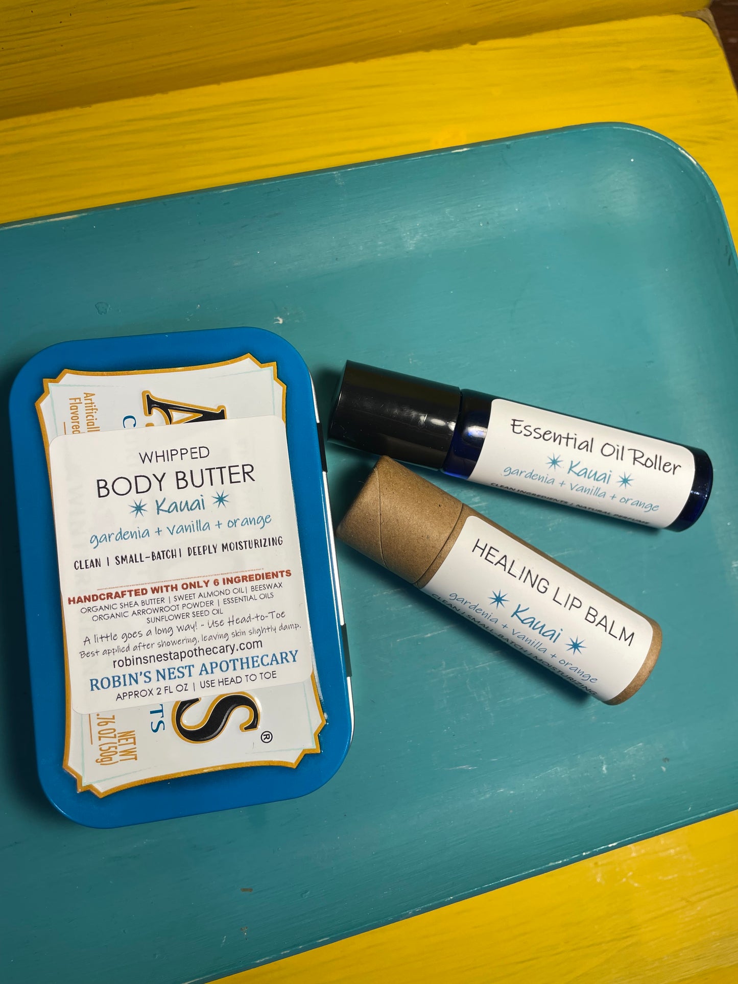 KAUAI 3-Pack Gift Set | KAUAI Whipped Body Butter + Essential Oil Roller + Compostable Lip Balm | Upcycled Altoids Tin | LOVE + PEACE + JOY TIN | Christmas Gift | Gift Sets